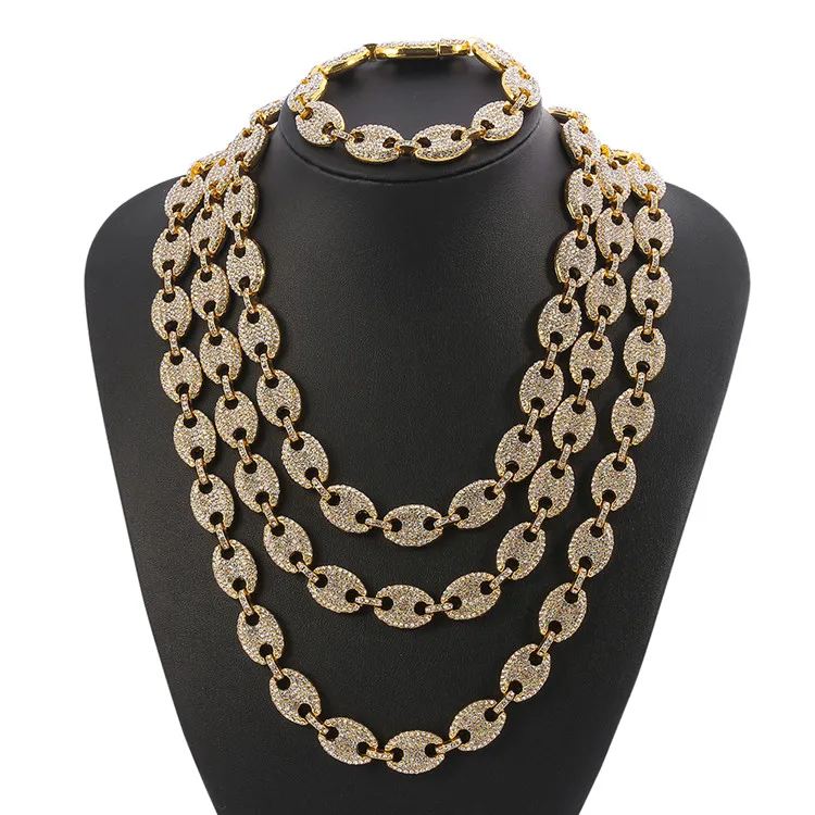 

Fashion Cuban Link Chain 18K Gold Plated Coffee Beans Necklace Cubic Zircon Pig Nose Chain Hip Hop Jewelry, Gold,silver color