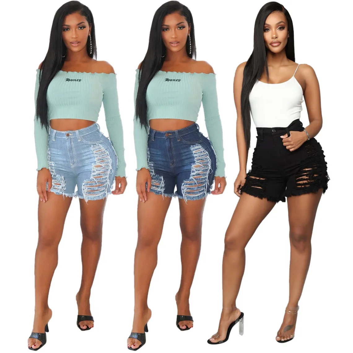 

Best Sellers Middle Waisted Pants Jeans Women Fashionable Sexy Ripped Jeans Women, Black/dark blue/light blue