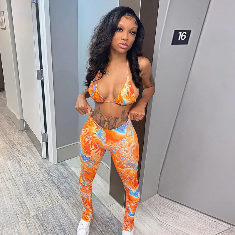 

Dvacaman 2021 New Arrivals Summer Sexy Printed Two Piece Set Floral Bra Top and Slim Pants Women Clothes, Picture color