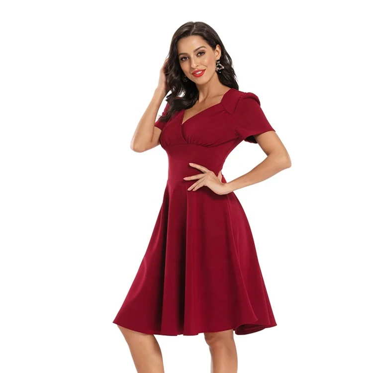 

The new A-line retro dress with waist and V-neck short sleeves, Wine red/navy blue/dark green