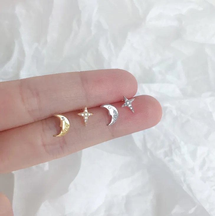 925 silver Fashion hot sale fashion and sweet moon and star shape stud earrings women