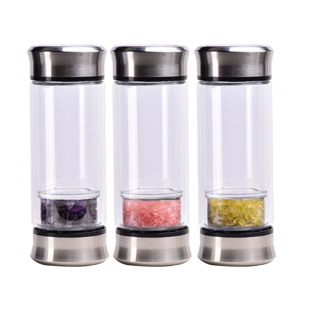 

304 double glass gravel crystal energy cup water bottle gem health sports cup wholesale, Picture