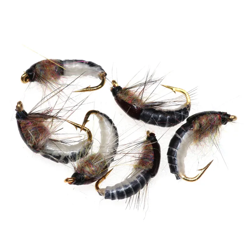 

6Pcs/Set 12 Realistic Nymph Scud Fly for Trout Fishing Artificial Insect Bait Lure Simulated Scud Worm Fishing Lure, White & black combined