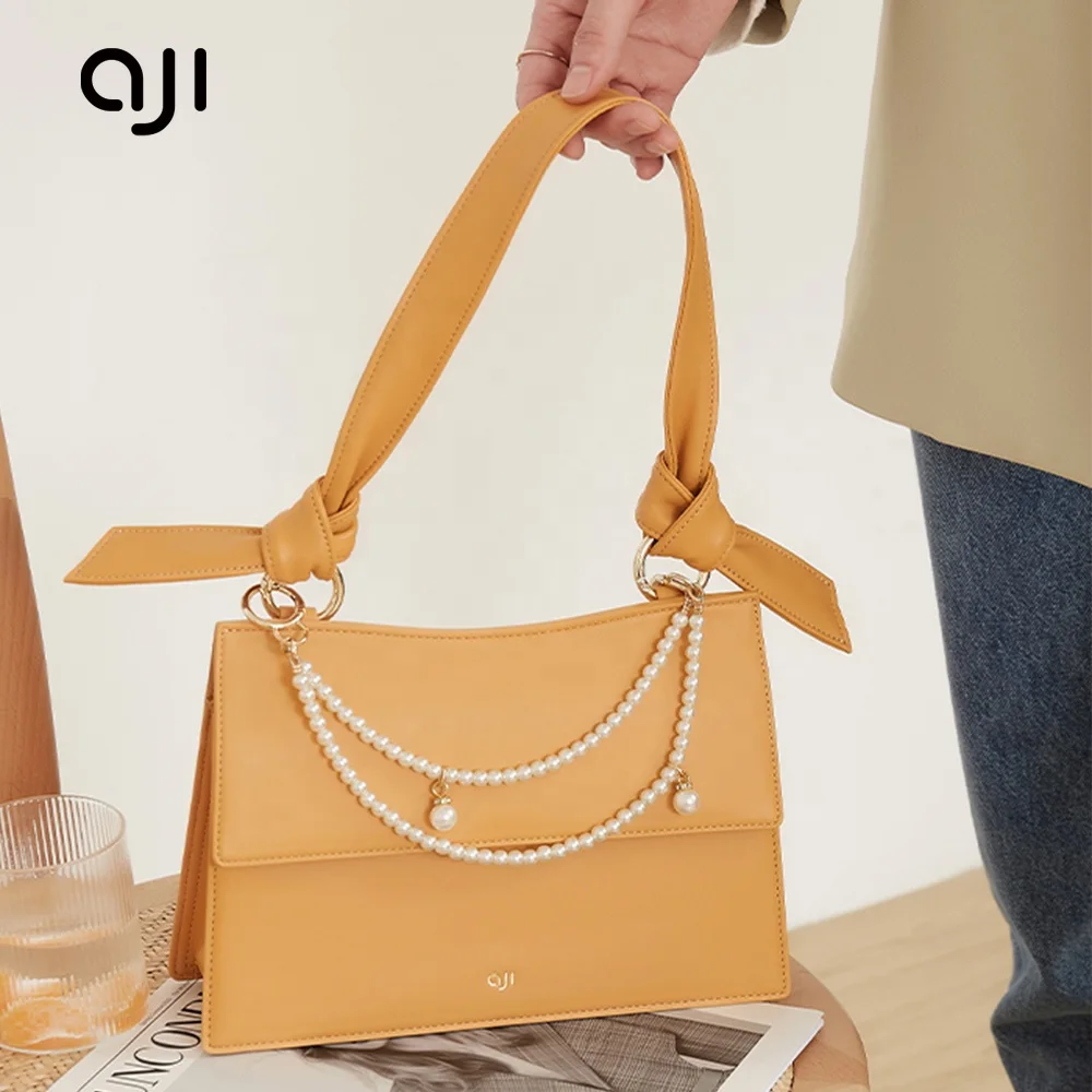

Luxury Women Shoulder Bags Solid Color Leather Handbags Flap Bag Female Hand Bag With Pearl Chain, White/ brown/ yellow