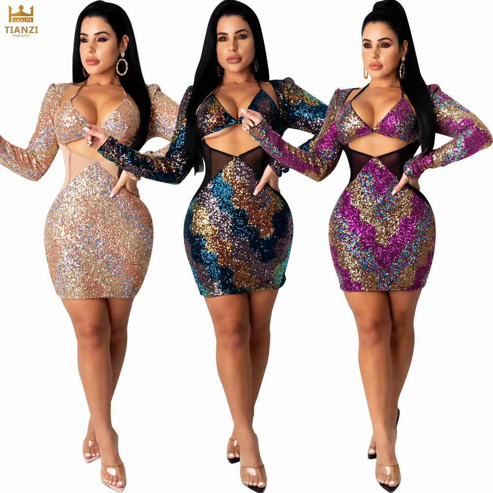 

T3140 - fashion modern long sleeve sequin patchwork midi dress