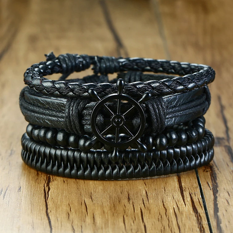 

Mix 4Pcs/ Set Braided Wrap Leather Bracelets for Men Women Vintage Wooden Beads Ethnic Tribal Wristbands Bracelet Rudder, Black
