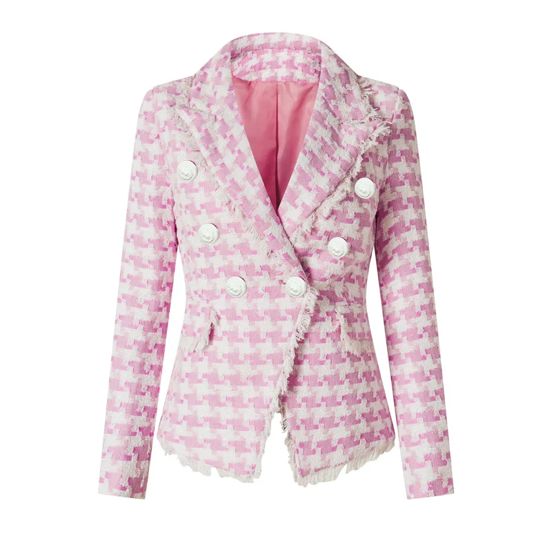 

2022 women houndstooth blazer jacket double breasted wholesale high quality tweed trim blazer jacket office attire for women