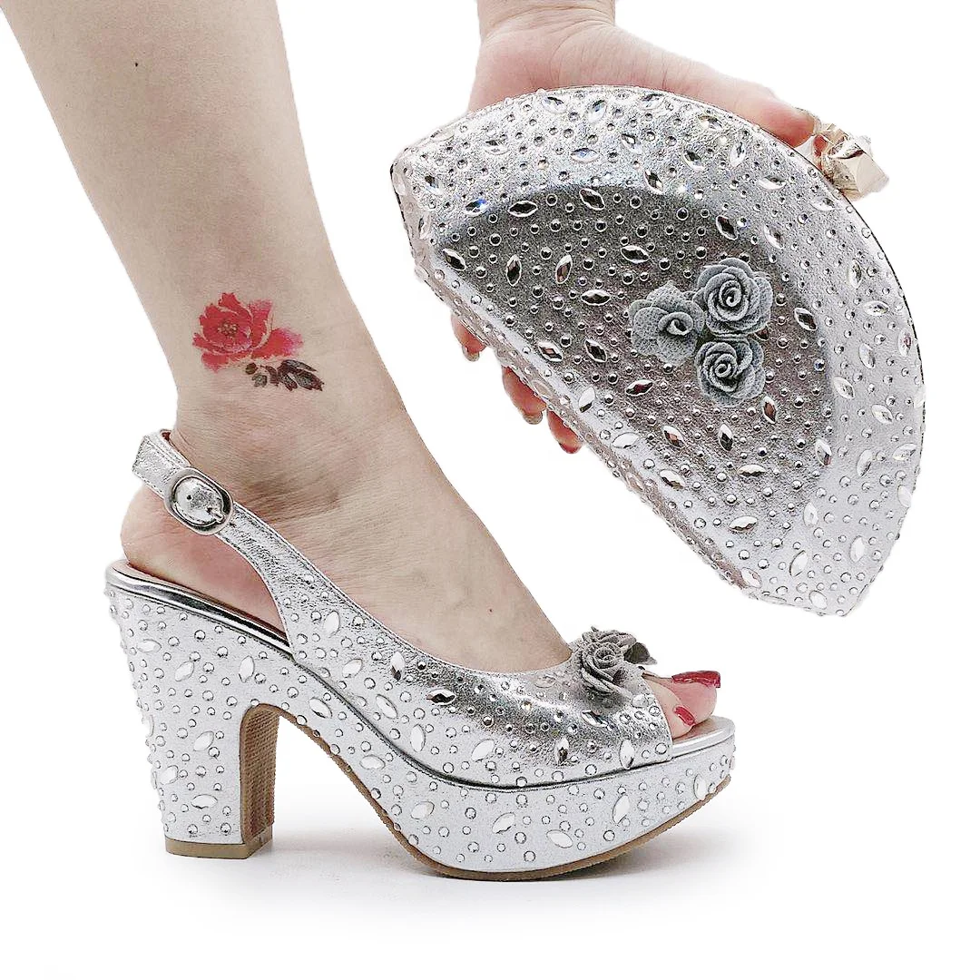 

6245-19 2022 Wedding Bridal Silver Matching Shoes And Clutch Bags Female Ladies High Heel Shoes For Women
