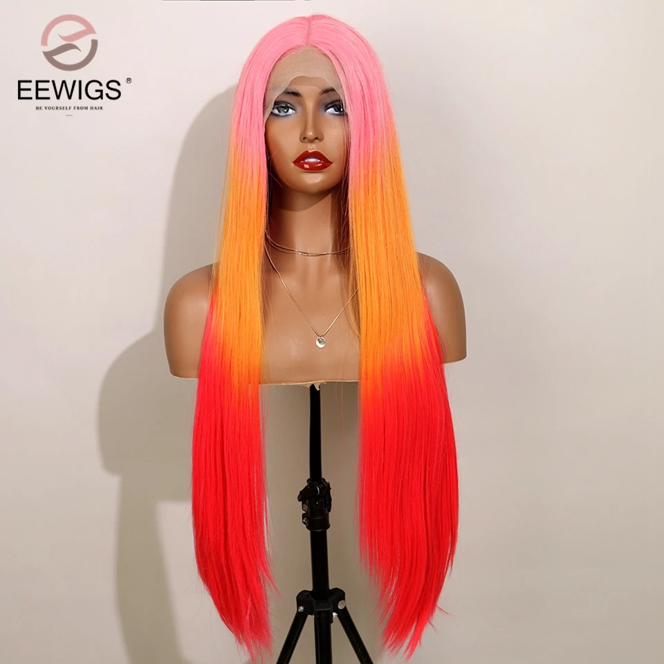 

Orange Ombre Red Synthetic Lace Wig With Natural Hairline Glueless Heat Resistant Hair Cosplay Colorful Lace Wig For Women