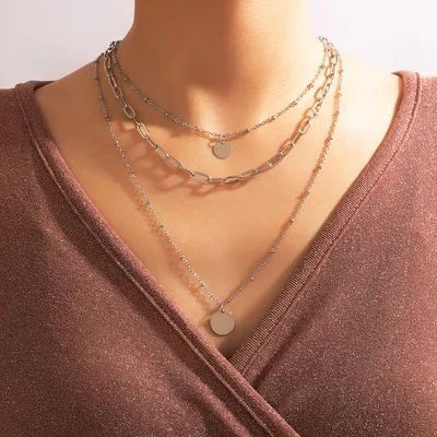 

Minimalist Fashion Paperclip Chain Coin Pendant Necklace Multi Layer Link Chain Circle Round Necklace For Girls