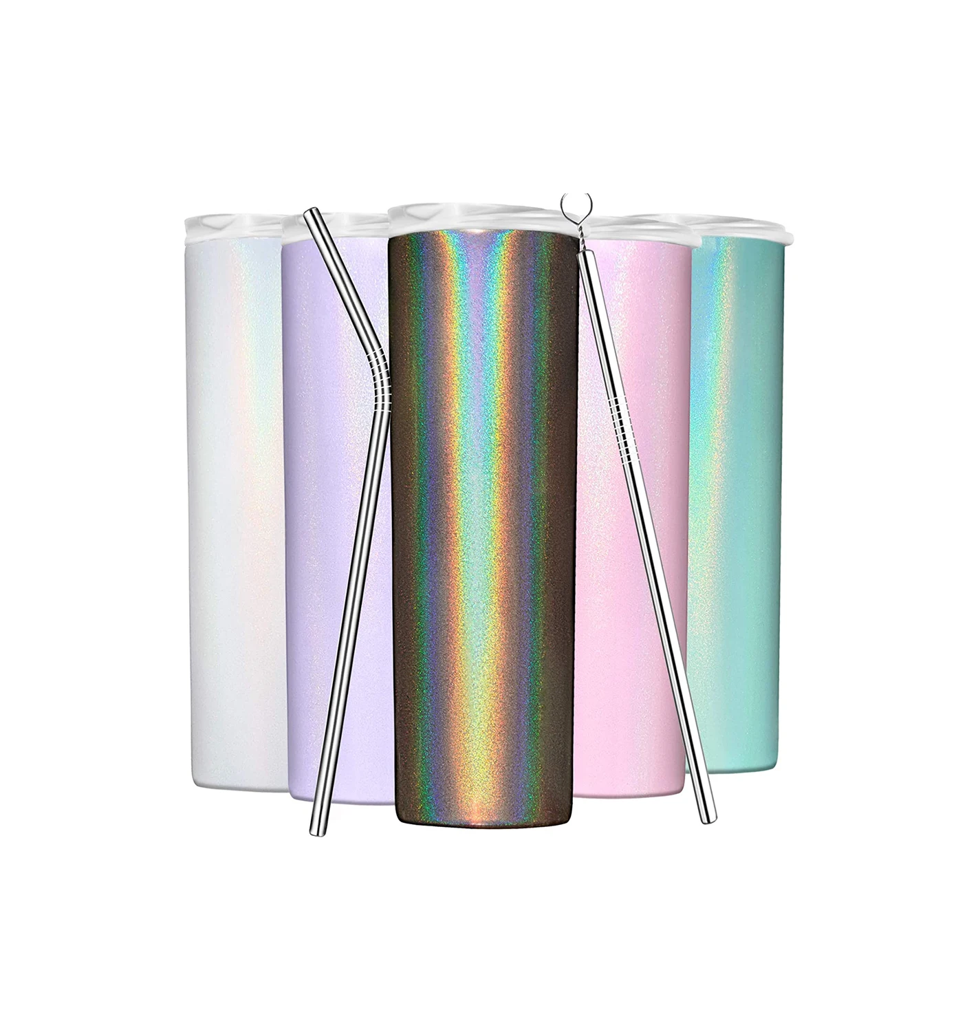 

20oz slim stainless steel skinny glitter tumblers double wall vacuum insulated straight tumbelr cups with lids and straws