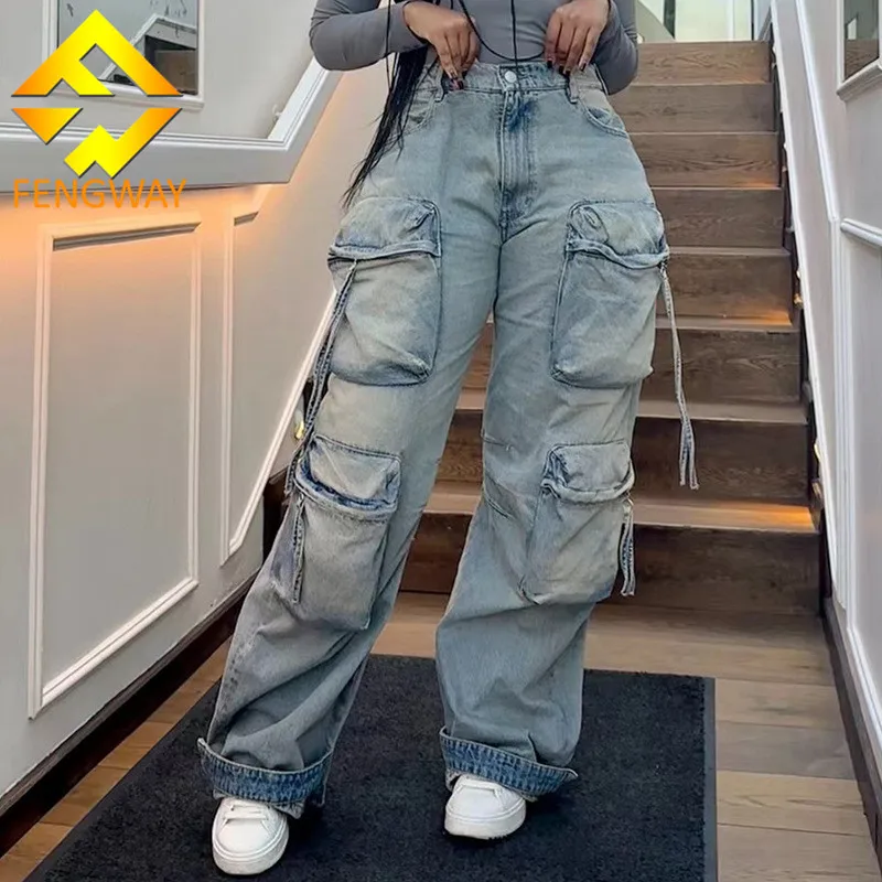 2025 New Arrival Womens Cargo Pants Fashion High Waist Straight Baggy Jean Retro Aesthetic Multi-pocket Trousers Women Clothing