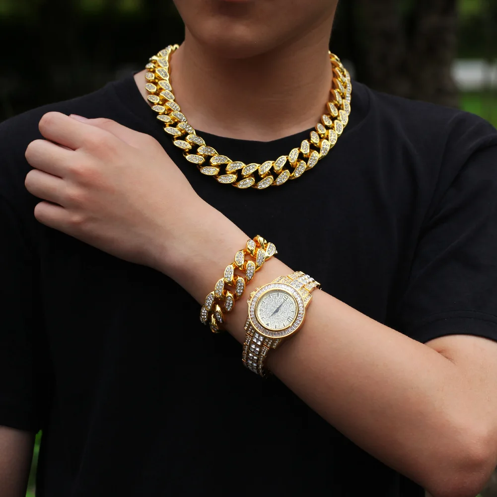 

Super Gold Cuban Link Chain, Miami Cuban Link Necklace Bracelet And Watch Three-piece Alloy Jewelry Set, 2 colors