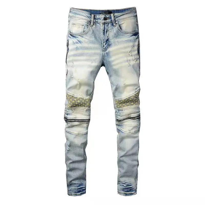 

Amazon hot sale ripped men side zipper tapered denim jeans print street hip hot men jeans, Picture