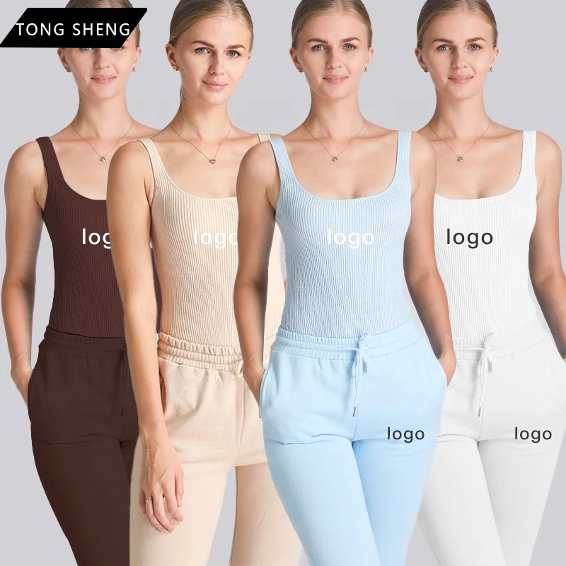 

2 Piece Fall Winter Bodysuit Jogger Pant Set 2022 Custom Designer White Brown Camisole 2 Two Piece Joggers Set Women Clothing