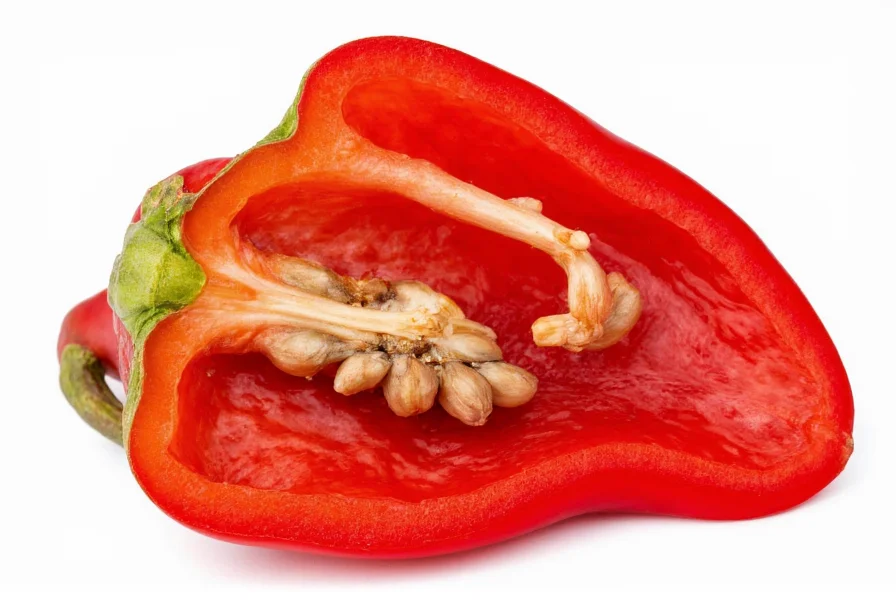 Close-up botanical illustration showing red pepper cross-section with seeds