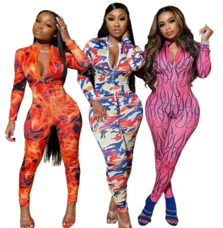 

Women Fashion Sexy Club Dresses Zip Up Print Bodycon Rompers One Piece Jumpsuit Women, Picture