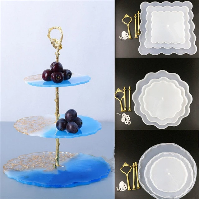 

C011 Free Sample Three Tier Cake Dessert Stand Epoxy Resin Molds Wave Round Square Large Tray Silicone Molds