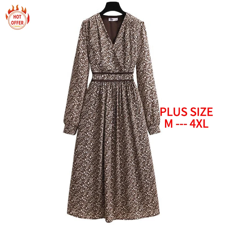 

Fashion V-Neck Long Sleeve Stylish Sexy Elegant Chiffon Floral Midi Woman's Summer Casual Plus Size Dress, Khaki