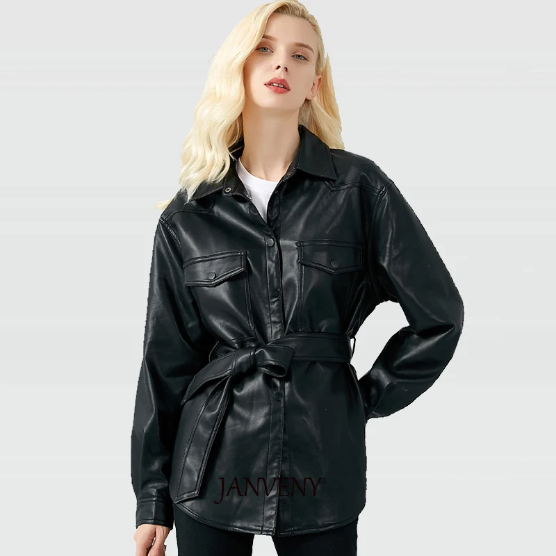 

JANVENY 2021 Autumn Women Long Sleeve Lace Up Casual Turn-down Collar Blouse Pu Leather Shirts With Belt Chic Pocket
