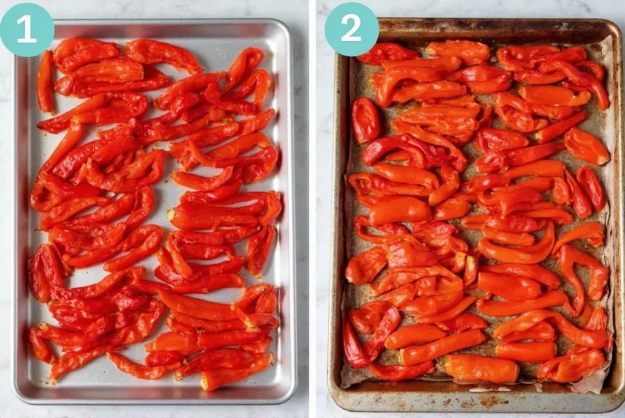 Step-by-step preparation of roasted red peppers for gouda soup showing peppers on baking sheet under broiler