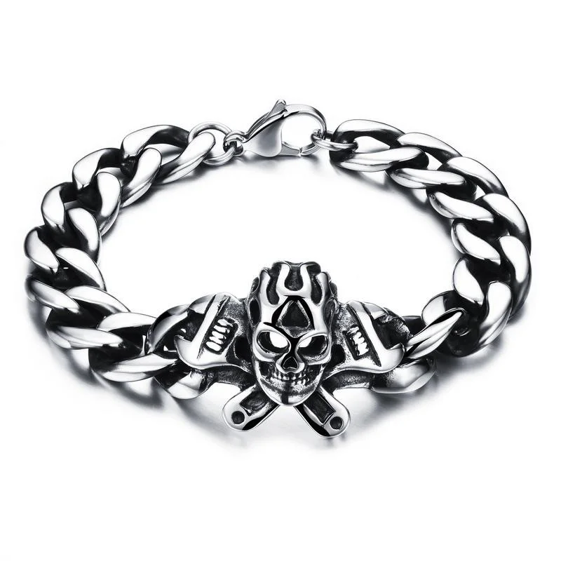 

Wholesale 316 Stainless Steel Biker Skull Men Punk Bracelet Unique Halloween Gifts, Silver, black