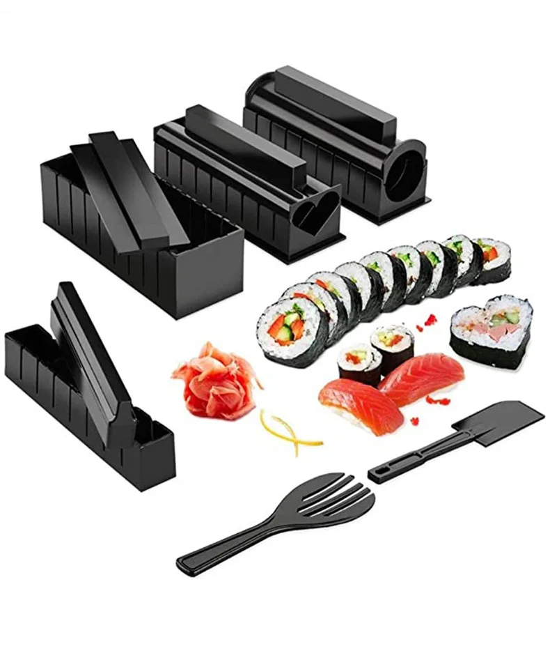 

Amazon Hot Sale 10 pcs 11 pcs DIY Sushi Maker Professional Family Office Party Homemade Sushi Gadget Sushi Making Kit, Black
