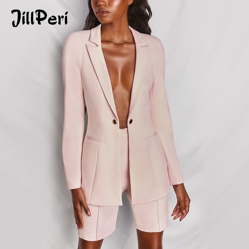 

JillPeri Long Sleeve Sexy Outfits for Women Solid Office Lady Daily Suits Street Wear Fashion Winter Fall Blazer and Shorts Set, Pink,blue