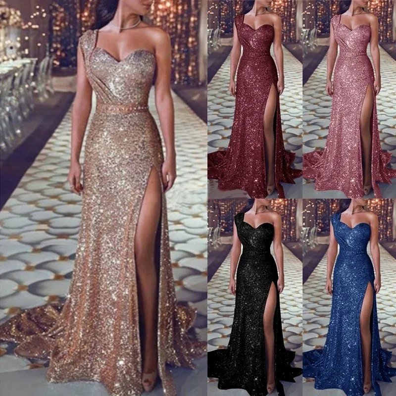 

Wholesale Women's Sexy One Shoulder Sleeveless Hot Gold Dress Split Dress Fashion Casual Evening Dress