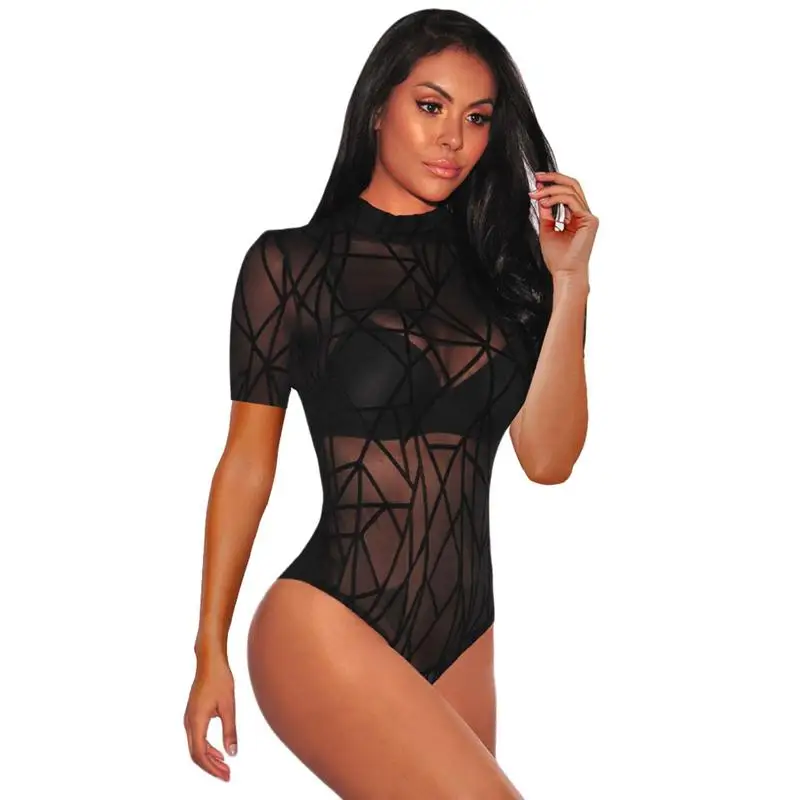 

Best Design Fashion Sexy Sheer Mesh Geometric Short Sleeve Mock Neck Bodysuit For Women