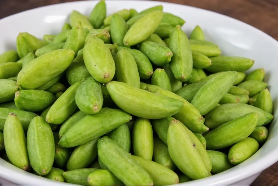 Close-up view of green cardamom pods still in their triangular husks on a wooden cutting board with whole pods and extracted seeds