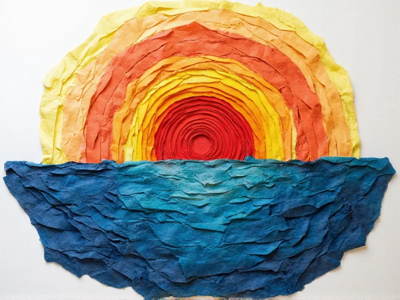 Layered recycled paper sculpture showing sunrise horizon