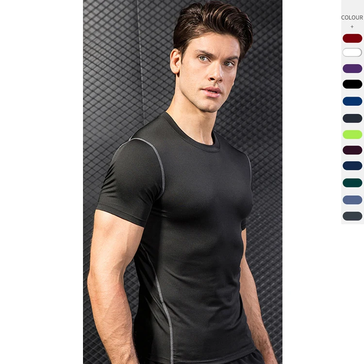 

High Quality Men's Tight Fit Polyester Short Sleeves Training Fitness Running Compressed Compression Gym Fitness T Shirts, 12 colors