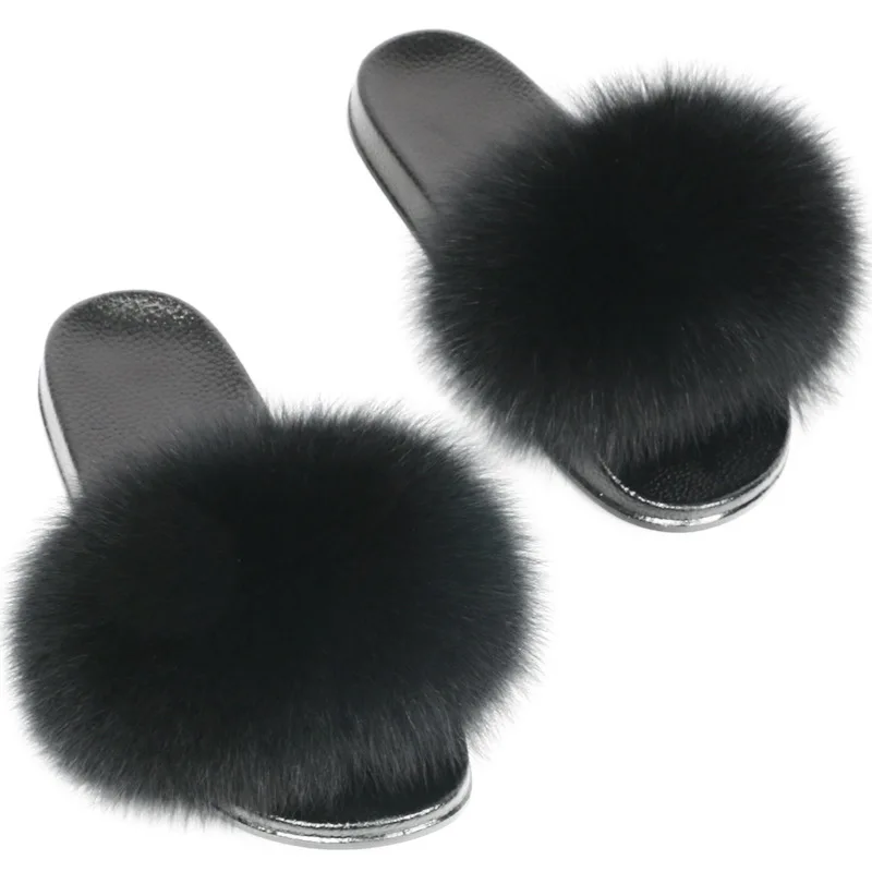 

2021 new wholesale custom furry fluffy Really fox raccoon fur slides sandals for women, Picture