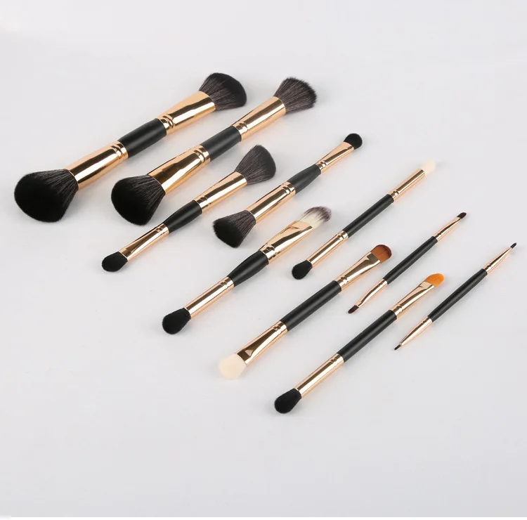 

HZM 10Pcs Custom Best Double ended Gold Black Makeup Brushes Set Powder flat Foundation Eye blender eyebrow Nasal Details Brush, Pink