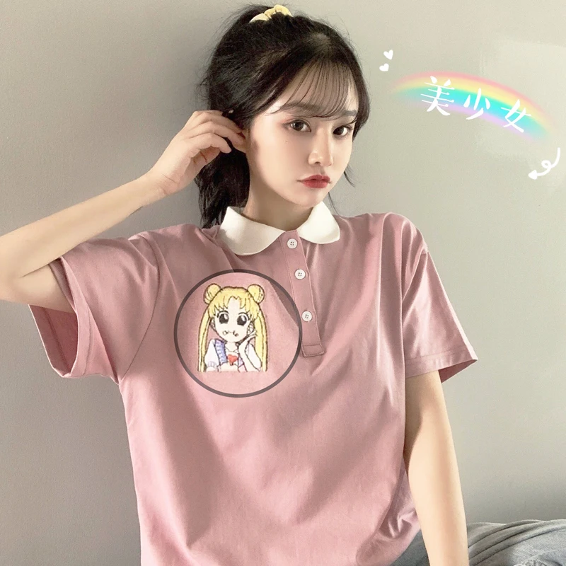 

POLO Collar Short Sleeve T-shirt Women's Lapel Top Mid-length Loose Cartoon Sailor Moon Korean Version