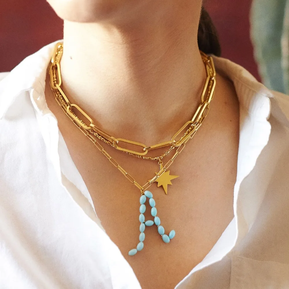 

2020 Trendy Alloy Simple Elegant Cuban Chain Necklace Letters Alphabet Pendant Turquoise round beads Necklace