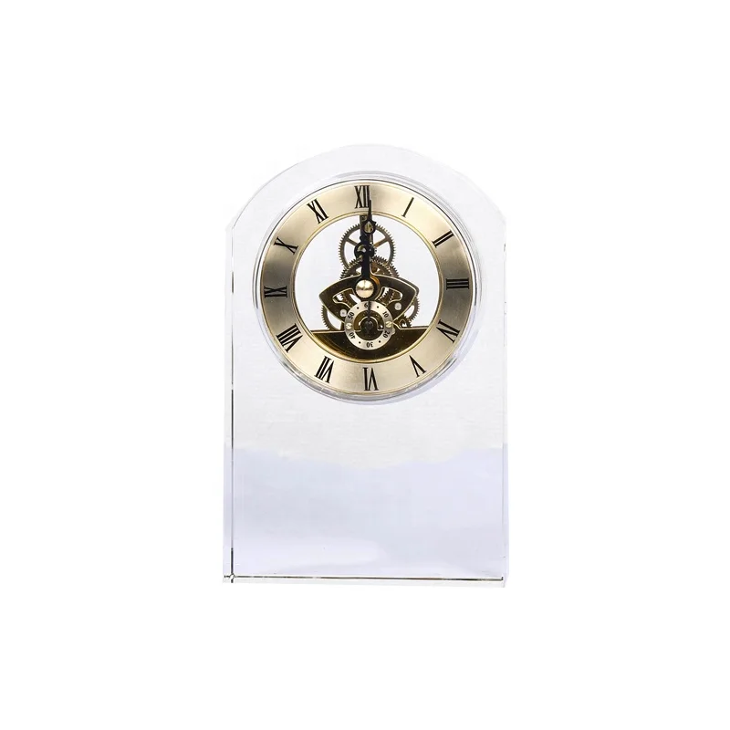 

Customized Crystal Table Clock Arched Heart Diamond Pyramid Classic Gold Dial Round Glass Clock For Wedding Desktop Gifts