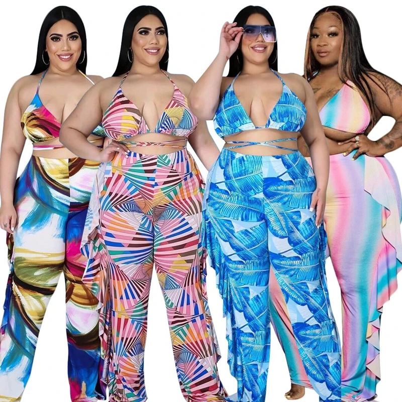 

De moda 4xl plus size multicolored stripes printing ruffle pants femme high waist bikini