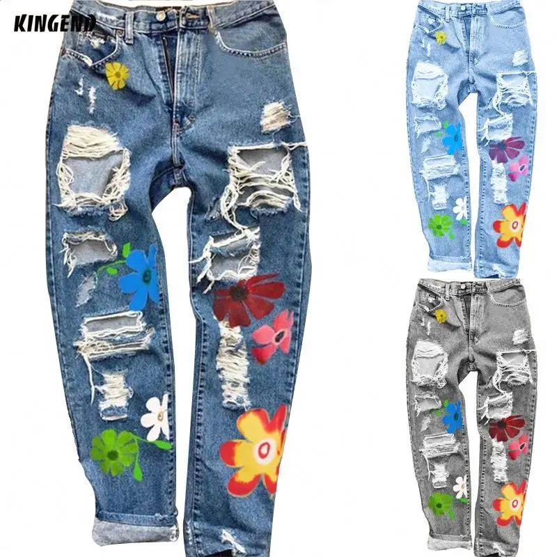 

Euramerican Style Blue Mid Waist Pattern Scratched Appliques Distress Womens Boyfriend Jeans Distressed Women