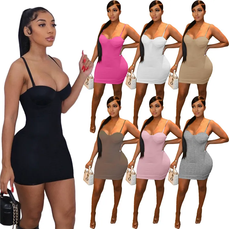 

Fashion Sexy Ladies Slip Dress Sleeveless Bodycon Solid Spring Club Wear Women Mini Dresses