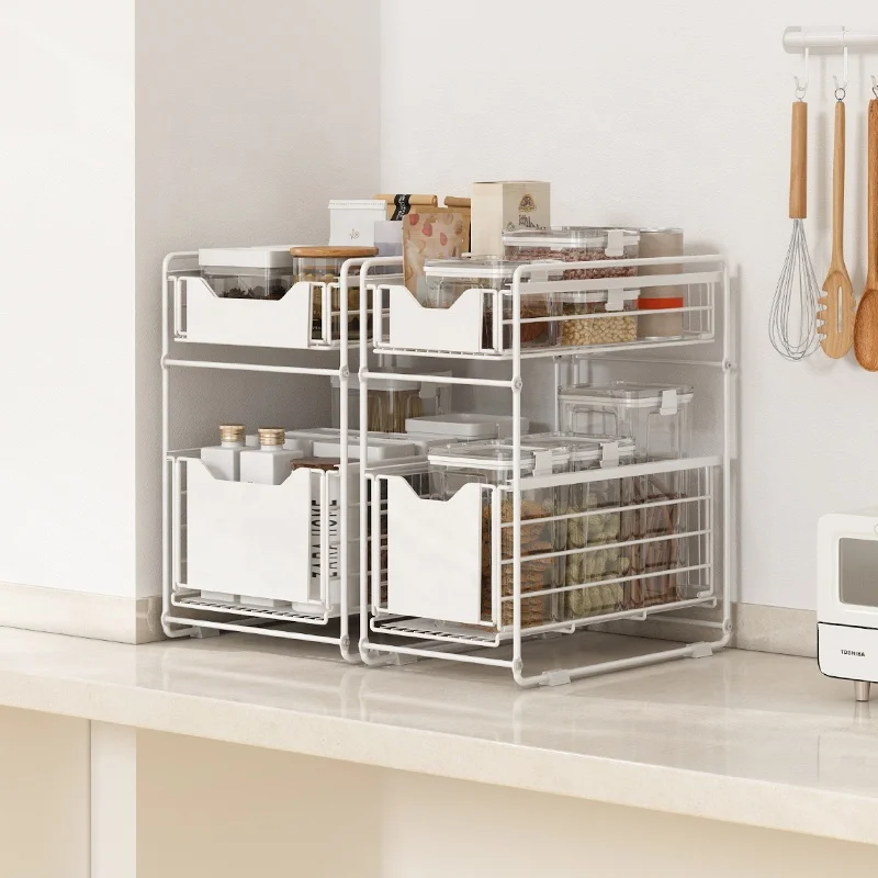 

Double-layer foldable kitchen drawer type push-pulling racks storage holders