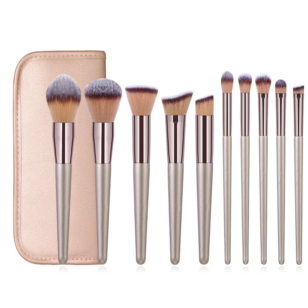 

Banfi 10pieces Brush Set Professional Makeup Brush Sets Champagne with Wooden Handle Pu Leather Bag 10 Piece Synthetic Hair