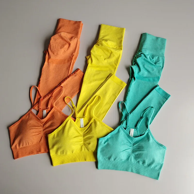 

2PCS Yoga Set Women Seamless Fitness Clothing Sportswear Gym Leggings Padded Push-up Strappy Sports Bra Sports Set Tracksuit, Black,yellow,golden,pink,light blue