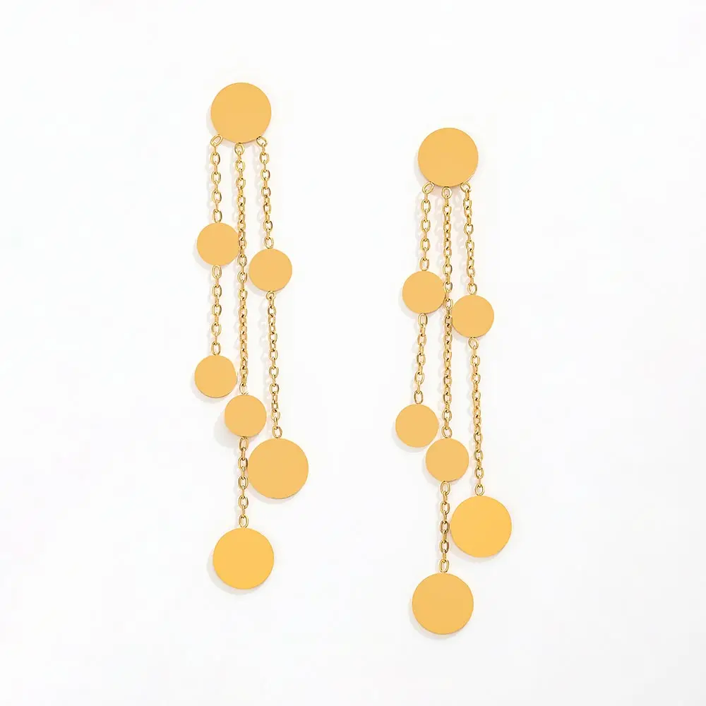 Trendy Earring 18K Gold Plated Statement Dot Wafer Pendant Tassel Earrings Wholesale Stainless Steel Jewelry for Women