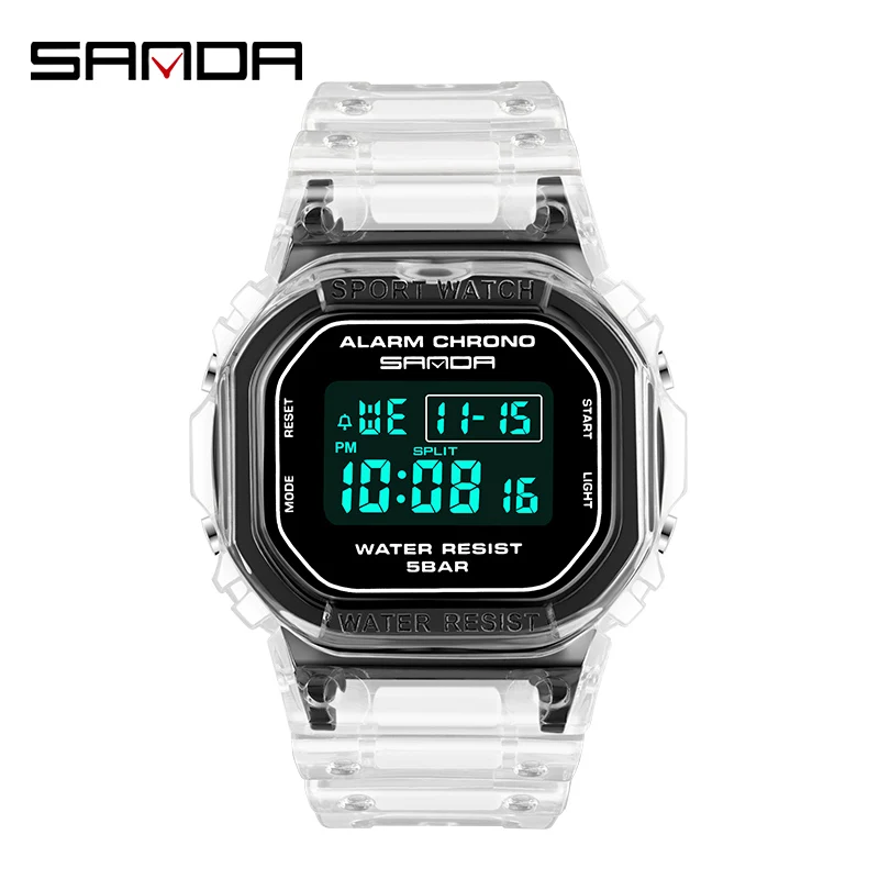 

SANDA 2009 Brand Fashion Sport Watch Men Women Transparent Resin Strap LED Digital Alarm Stopwatch Clock Youth Electronic Watch