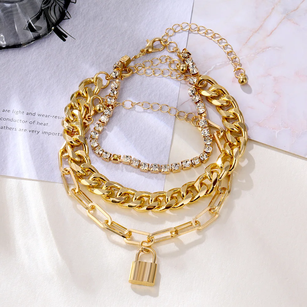 

Fashion Retro Lock Mix Chain Personality Hip Hop Cuban Diamond Bracelet