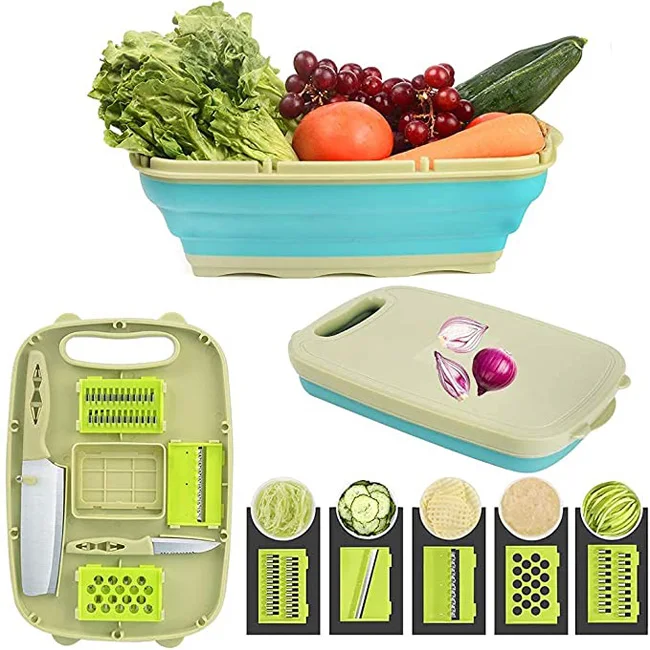 

Dropshipping Multifunctional Strainer Vegetable Slicer Cutters Knives 9 In 1 Folding Cutting Set Foldable Chopping Board