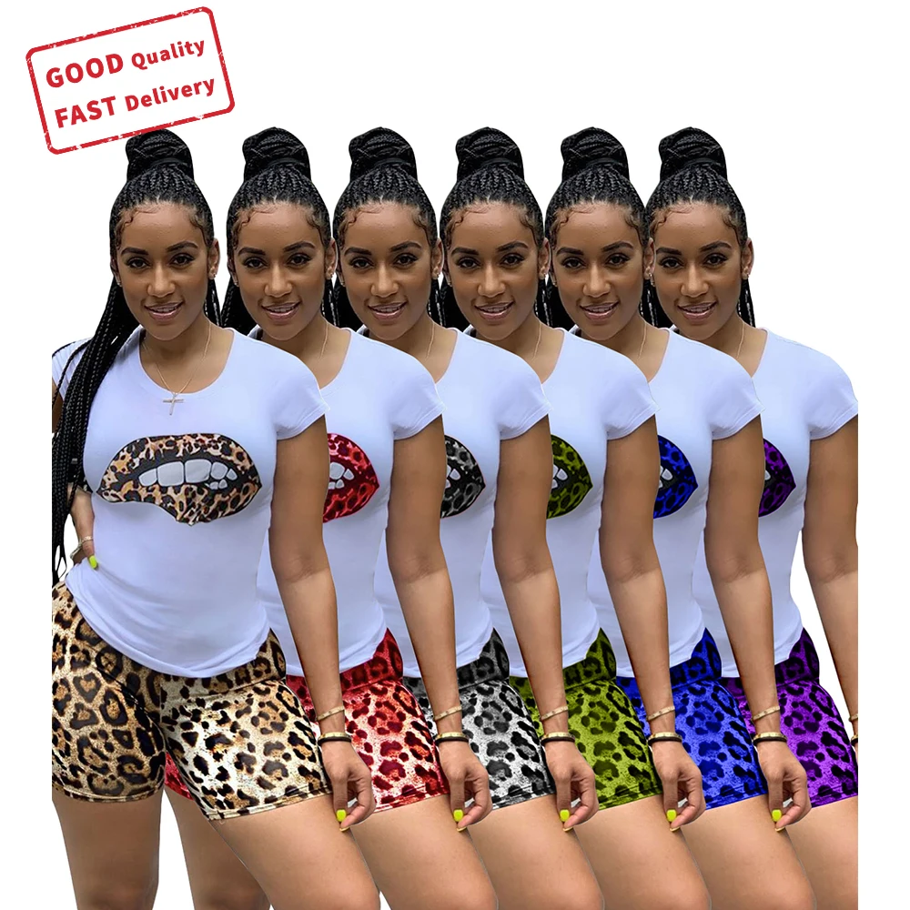 

GQ1169 summer 2021 short sets women two piece sleeve lip print leopard casual two piece short set fashionable two piece set, Picture color