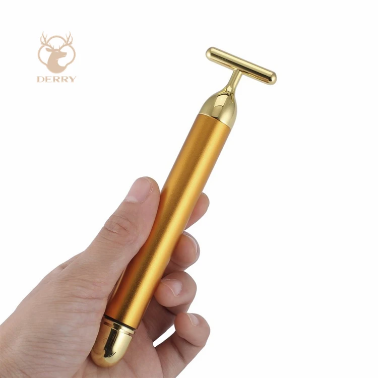 

Deery Energy Beauty Bar Gold Vibrating Pulse Facial Massager Electric Golden Firming Skin Care Face Slimming T Shape Vibrator